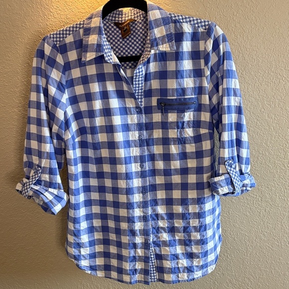 Multiples Blue and White Gingham Casual Button Down Shirt/ Size Petite Medium - Picture 1 of 8